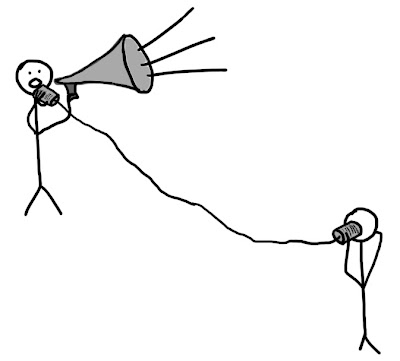 stick figure holding tin-can-and-string telephone but also a megaphone