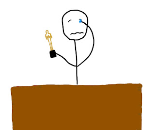 stick figure crying at podium holding award
